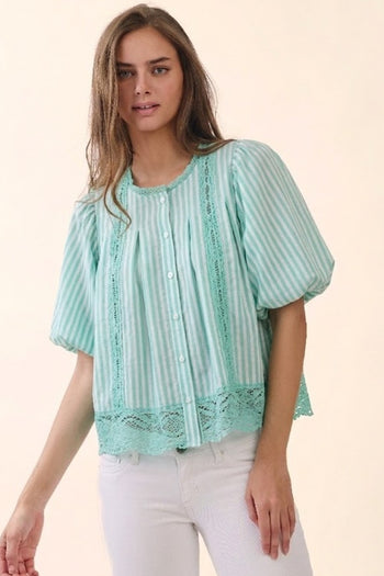 Oddi Striped Top with Lace Inset Trim in Sage Green