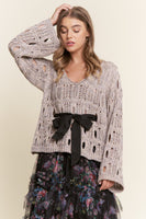 J.nna Open Knit Sweater with Bow Detail in Warm Grey