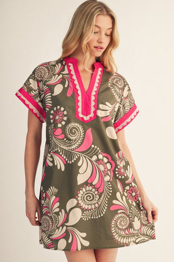 Jodifl Lace Trim Accent Boho Floral Dress in Olive