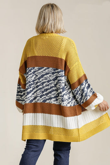 Umgee Color Block Design Cardigan in Gold and Brown