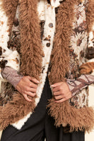 Davi & Dani Floral Jacquard and Faux Fur Trim Vest in Brown