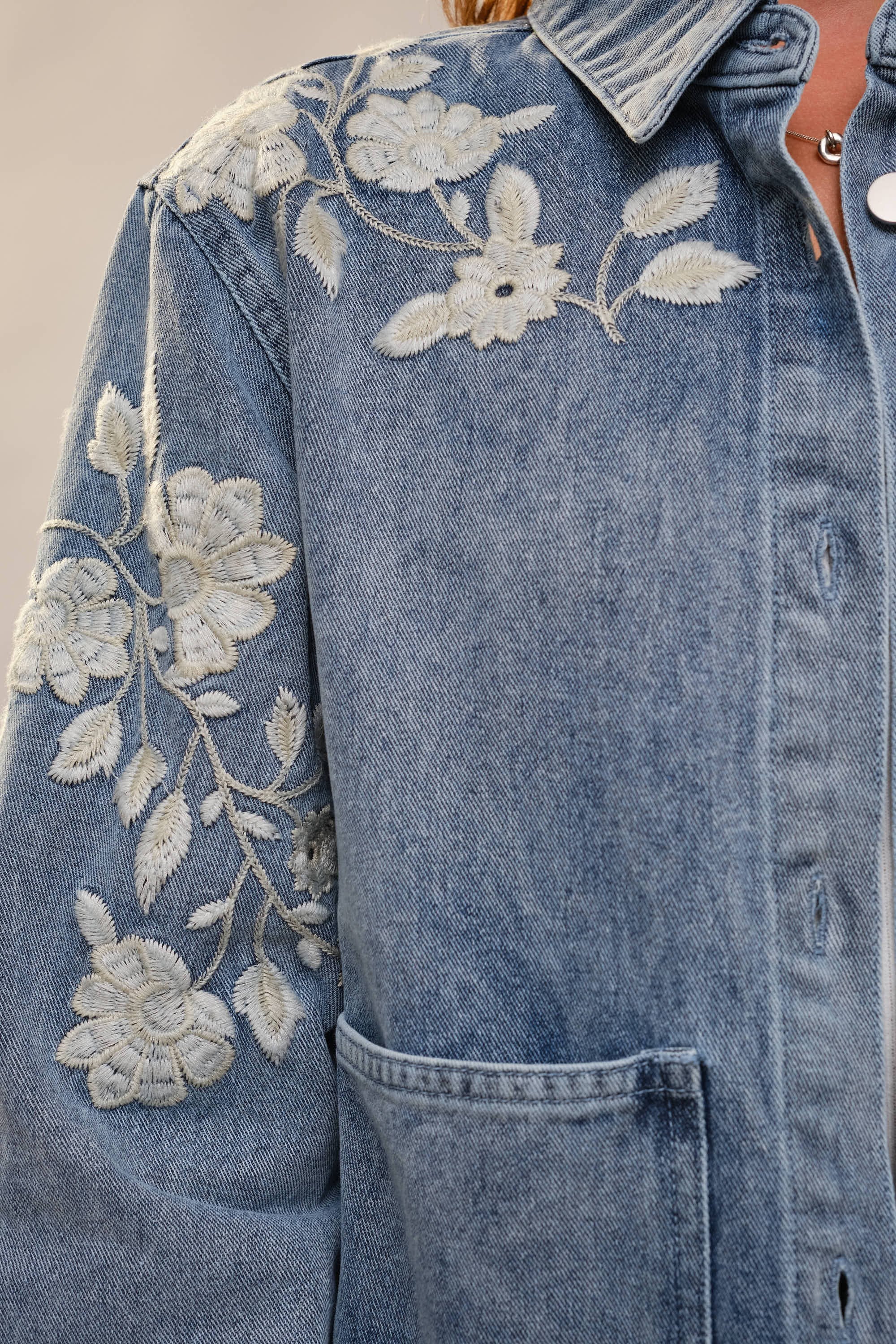 Blue B Denim Jacket with Floral Embroidery in Light Denim – June Adel