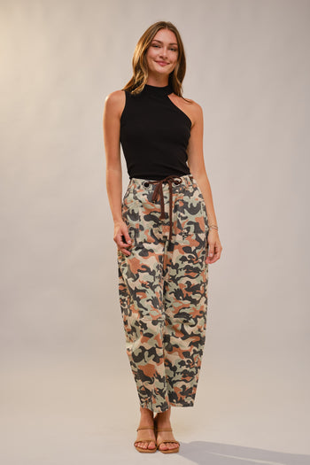 Blue B Camo Print Barrel Leg Pants with Grommet Waistband in Camo Mix