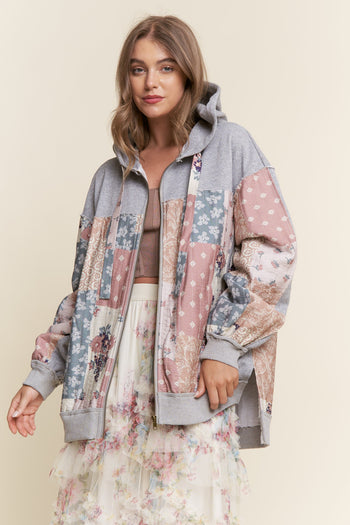 J.nna Multi Pattern Patched Hooded Jacket in Multi Grey