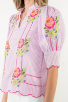 THML Burnout Checkered Top with Stitching and Floral Embroidery Details in Pink