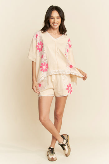Davi & Dani OVERSIZED Knit and Lace Top with Flower Patches in Beige Multi