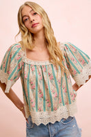 BiBi Mix n Match Floral and Lace Detailed Top in Teal
