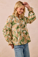 BiBi Bold Floral Print Top with Ruffle Details in Olive/Latte