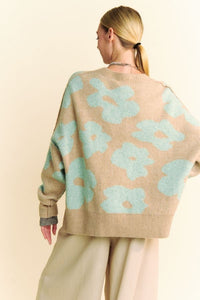 Davi & Dani OVERSIZED Knit Sweater with Floral Print in Taupe/Mint