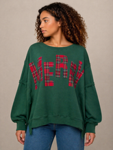 Load image into Gallery viewer, BiBi OVERSIZED Fleece Sweatshirt with Plaid Merry Patched Front in Green/Red Plaid
