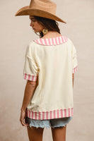 BiBi Solid Color French Terry Top with Contrasting Stripe Pattern in Ivory/Pink
