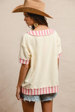 Load image into Gallery viewer, BiBi Solid Color French Terry Top with Contrasting Stripe Pattern in Ivory/Pink
