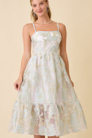 Main Strip Metallic Floral Embossed Midi Dress in Light Blue