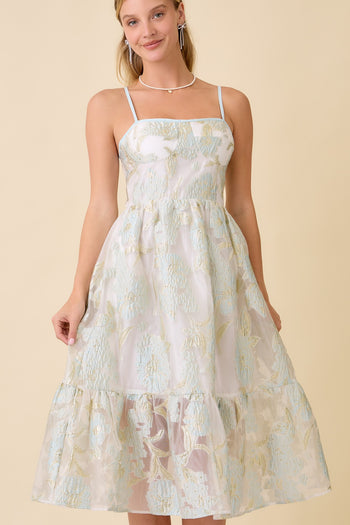 Main Strip Metallic Floral Embossed Midi Dress in Light Blue