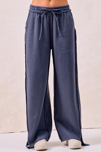 BiBi Solid Color French Terry Knit Pants in Dusty Blue