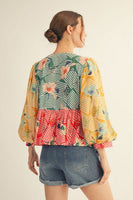 Jodifl Front Bow Tie Color Block Floral Peplum Top in Multi ON ORDER