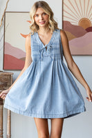 Veveret Pleated Denim Mini Dress in Light Wash