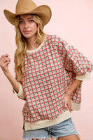 BiBi OVERSIZED Lightweight Knit Retro Floral Print Top in Cream/Red Flower