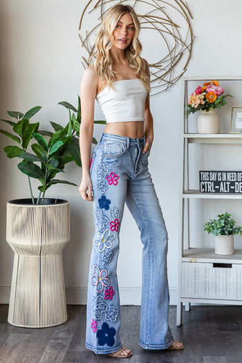 Oli & Hali Embroidered Flower Jeans in Denim/Pink Combo