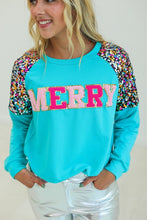 Load image into Gallery viewer, Southern Grace Solid Color Top with MERRY Patched Front and Sequin Shoulders in Turquoise
