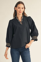 Jodifl Embroidered Scallop V Neckline Solid Top in Black