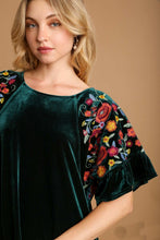 Load image into Gallery viewer, Umgee Velvet Mini Dress with Floral Embroidery in Hunter Green
