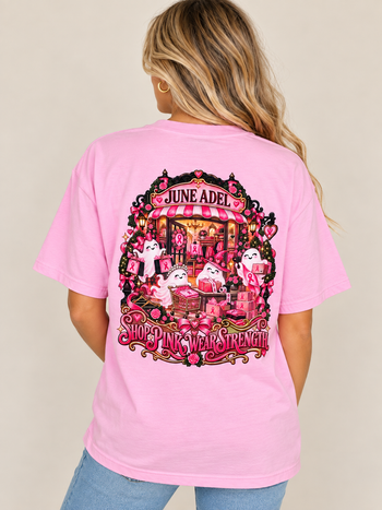June Adel “Shop Pink, Wear Strength” T-Shirt in Blossom