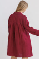 Umgee Textured Long Sleeve Collar Button Down Pleated Shirt Dress with Chest Pockets in Crimson
