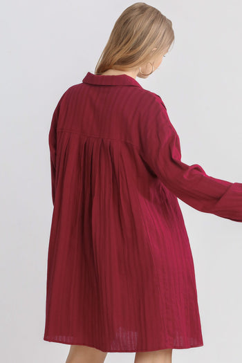Umgee Textured Long Sleeve Collar Button Down Pleated Shirt Dress with Chest Pockets in Crimson