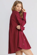 Load image into Gallery viewer, Umgee Textured Long Sleeve Collar Button Down Pleated Shirt Dress with Chest Pockets in Crimson
