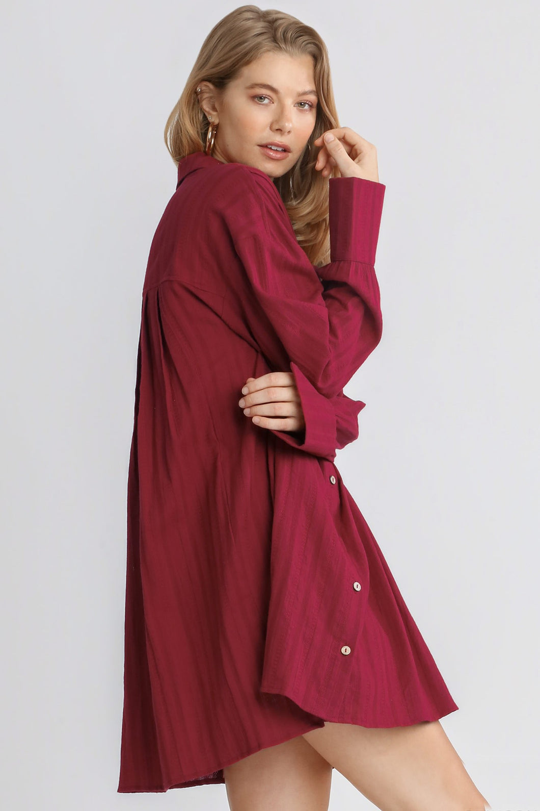 Umgee Textured Long Sleeve Collar Button Down Pleated Shirt Dress with Chest Pockets in Crimson