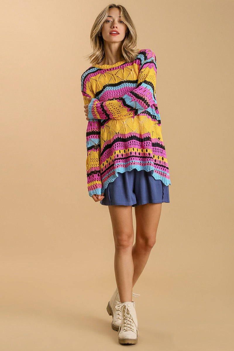 Umgee Crochet Knit Sweater in Yellow Pink