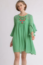Load image into Gallery viewer, Umgee Embroidered Yoke 3/4 Bell Sleeve Dress in Sage
