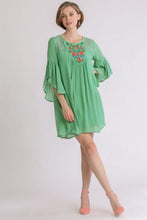 Load image into Gallery viewer, Umgee Embroidered Yoke 3/4 Bell Sleeve Dress in Sage
