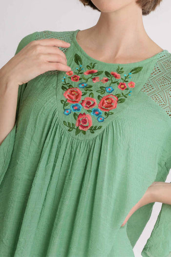 Umgee Embroidered Yoke 3/4 Bell Sleeve Dress in Sage