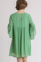 Umgee Embroidered Yoke 3/4 Bell Sleeve Dress in Sage