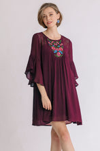 Load image into Gallery viewer, Umgee Embroidered Yoke 3/4 Bell Sleeve Dress in Wine

