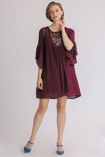 Umgee Embroidered Yoke 3/4 Bell Sleeve Dress in Wine