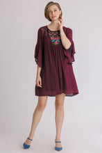 Load image into Gallery viewer, Umgee Embroidered Yoke 3/4 Bell Sleeve Dress in Wine

