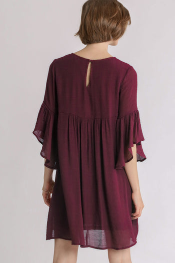 Umgee Embroidered Yoke 3/4 Bell Sleeve Dress in Wine