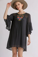 Umgee Embroidered Yoke 3/4 Bell Sleeve Dress in Black