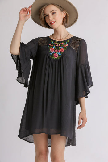 Umgee Embroidered Yoke 3/4 Bell Sleeve Dress in Black