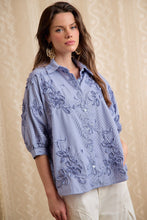 Load image into Gallery viewer, BiBi Stripe Embroidered Short Sleeves Button Blouse in Chambray
