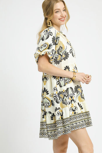 Umgee Boho Print Tiered Mini Dress in Black Mix