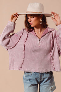 So Me SEMI-CROPPED Knit and Thermal Mixed Fabric Top in Mauve