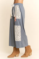 Davi & Dani Knit and Lace Pants with Flower Patches in Blue Multi