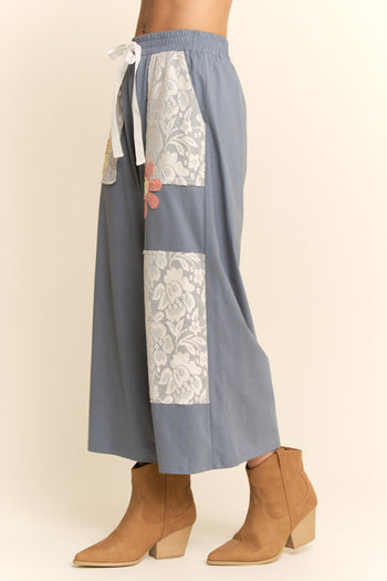 Davi & Dani Knit and Lace Pants with Flower Patches in Blue Multi
