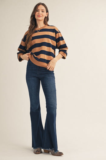 Jodifl V-Notched Bold Stripe Casual Top in Caramel/Navy