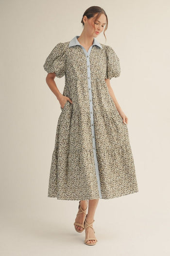 Jodifl Leopard Print Tiered Midi Dress with Contrast Trim in Blue