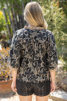 VOY Contrast Ruffled V-neck Floral Textured Top in Tan